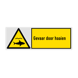 Veiligheidsbord met pictogram en tekst Gevaar door haaien