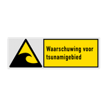 Veiligheidsbord met pictogram en tekst Waarschuwing voor tsunamigebied