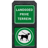 Verzwaarde bermpaal met twee bordjes honden aan de lijn + tekstbord