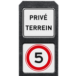 Bermpaal kunststof met twee bordjes priveterrein + stapvoets rijden - reflecterend