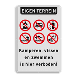 Informatiebord eigen terrein - Kamperen en zwemmen verboden - reflecterend