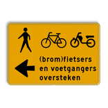 Omleidingsbord - (brom)fietsers en voetgangers links oversteken - Werk in uitvoering