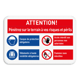 Panneau de sécurité de terrain - Pénétrez à vos risques avec 4 pictogrammes