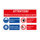 Panneau de sécurité de terrain - Pénétrez à vos risques avec 4 pictogrammes