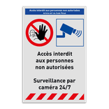 Panneau de sécurité interdisant l'accès non autorisé avec surveillance par caméra, 2 pictogrammes et texte