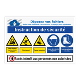 Panneau de sécurité avec logo et diverses instructions de sécurité