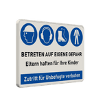 Gebotsschild - mit vier Verbots-, Warn- und Gebotszeichen