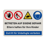 Kombinationsschilder mit vier Verbots-, Warn- und Gebotszeichen und text