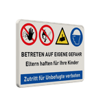 Kombinationsschilder mit vier Verbots-, Warn- und Gebotszeichen und text