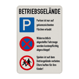 Kombinationsschilder - BETRIEBSGELÄNDE, Parken - Absolutes Haltverbot - Kinder verboten