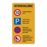 Kombinationsschilder - BETRIEBSGELÄNDE, Höchstgeschwindigkeit - Parken - Absolutes Haltverbot - Offene Flamme, Feuer, Rauchen verboten