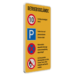 Kombinationsschilder - BETRIEBSGELÄNDE, Höchstgeschwindigkeit - Parken - Absolutes Haltverbot - Offene Flamme, Feuer, Rauchen verboten