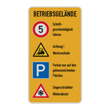 Kombinationsschilder - BETRIEBSGELÄNDE, Schrittgeschwindigkeit, Werksverkehr, Parken, Winterdienst