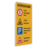 Kombinationsschilder - BETRIEBSGELÄNDE, Schrittgeschwindigkeit, Werksverkehr, Parken, Winterdienst