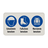 Gebotsschild - Schutzhelm, Fußschutz und Warnweste benutzen