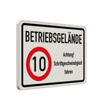 Kombinationsschilder - Betriebsgelände, Achtung! 10 km/h Schrittgeschwindigkeit fahren