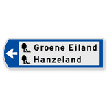 Handwegwijzer klein linkswijzend met 2 pictogrammen en zwarte tekst 990x295mm