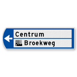 Handwegwijzer klein linkswijzend met 2 witte vlakken, pictogram onderin zwarte tekst 990x295mm