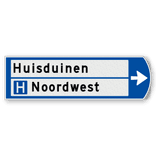 Handwegwijzer klein rechtswijzend met 2 witte vlakken, pictogram onderin zwarte tekst 990x295mm