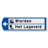 Handwegwijzer klein linkswijzend met 2 witte vlakken, met 2 pictogrammen en zwarte tekst 990x295mm