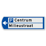 Handwegwijzer klein linkswijzend met 2 witte vlakken, pictogram bovenin zwarte tekst 990x295mm