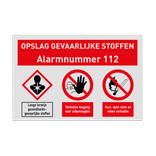 Veiligheidsbord voor opslag gevaarlijke stoffen met alarmnummer en 3 pictogrammen
