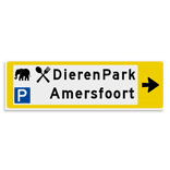 Verwijsbord KOKER Geel/wit/zwart - pijl rechts, 2 regelig met 3 pictogrammen - Klasse 3 reflecterend