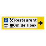 Verwijsbord KOKER Geel/wit/zwart - pijl rechts, 2 regelig met 4 pictogrammen - Klasse 3 reflecterend