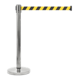 Poteau à sangle rétractable inox chromé avec ruban jaune/noir 2 m
