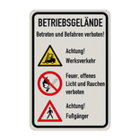 Schild Betriebsgelände Achtung Werksverkehr, Fußgänger + Rauchen verboten