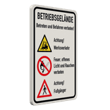 Schild Betriebsgelände Achtung Werksverkehr, Fußgänger + Rauchen verboten
