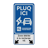 Verkeersbord oplaadpunt met tekst en pijlen - huisstijl Pluq - reflecterend (FR)