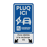 Verkeersbord oplaadpunt met tekst en pijlen - huisstijl Pluq - reflecterend (FR)