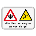 Panneau risque de verglas - 2 pictogrammes neige et sol glissant - signalisation hivernale réfléchissante