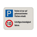 Kombinationsschilder - Betriebsgelände, Parken - Zulässige Höchstgeschwindigkeit 10 km/h
