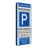 Toegangsbord bezoekers parkeren met bedrijfsnaam, pictogram en tekst - reflecterend