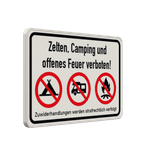 Verkehrsschild Zelten, Camping und offenes Feuer verboten - reflektierend