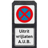 Bermpaal kunststof met twee bordjes niet parkeren + uitrit vrijlaten - reflecterend