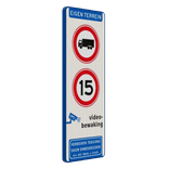 Verkeersbord eigen terrein, verbod vrachtverkeer, snelheid 15km, videobewaking - reflecterend
