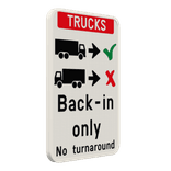 Panneau d'information - Trucks drive backwards in only