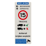 Toegangsbord ingang bedrijventerrein route, parkeren, vrachtverkeer - reflecterend