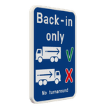 Panneau d'information - Entrée des camions uniquement en marche arrière