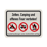 Schilder Zelten, Camping und offenes Feuer verboten - reflektierend