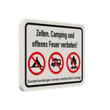 Schilder Zelten, Camping und offenes Feuer verboten - reflektierend