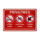 Schild Privatweg, E-Scooter, Fahrrad und Hundekot verboten - reflektierend