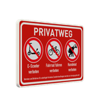 Schild Privatweg, E-Scooter, Fahrrad und Hundekot verboten - reflektierend