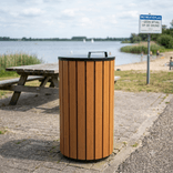 Buitenafvalbak rond houtlook, met deksel - inhoud 90 liter