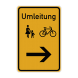 Verkehrsschilder, Umleitung Fussgänger und Fahrradfahrer mit Pfeil - reflektierend