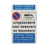 Bord niet parkeren, uitgezonderd bewoners/bezoekers + verboden toegang (2-talig) - reflecterend