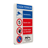 Bord eigen terrein niet parkeren, stapvoets rijden, camerabewaking, verboden toegang - reflecterend